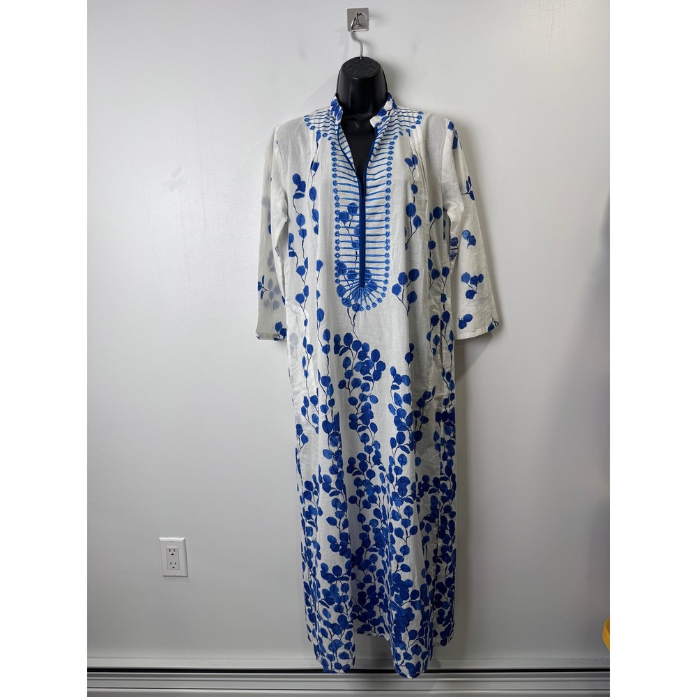 NWT Ro's Garden Women Blue Clorinda Kaftan Blue Leaf Maxi Dress Small